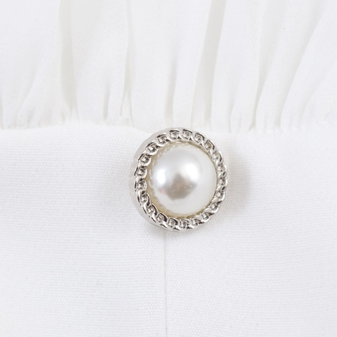 Top Corto Elegante Scollo A V Da Donna Camicetta Maniche Lunghe A Campana Stile Francese Bottoni Perla Artificial Pieghettato Bianco