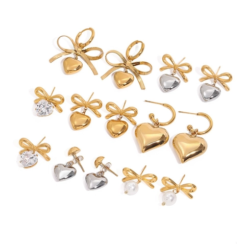 Bow Heart Stud Hoop Earrings Stainless Steel 18K Gold Plated Zircon Artificial Pearl Waterproof Hypoallergenic Trendy Jewelry Women