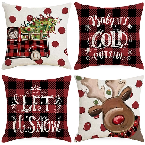 Funda De Almohada Navidad Lino Cuadros Buffalo Reno Camión Para Sofá Decorativo Cremallera Invisible