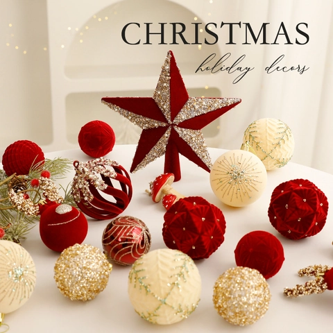 Christmas Decoration Ornaments Velvet Flocking Shatterproof Baubles Star Tree Topper Bows Glitter Flowers For Holiday Party Home Decor