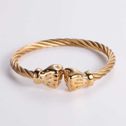 Men Stainless Steel Open Cuff Bracelet Boxing Glove Fist Twisted Cable Wire Hip Hop Punk Street Bangle Jewelry