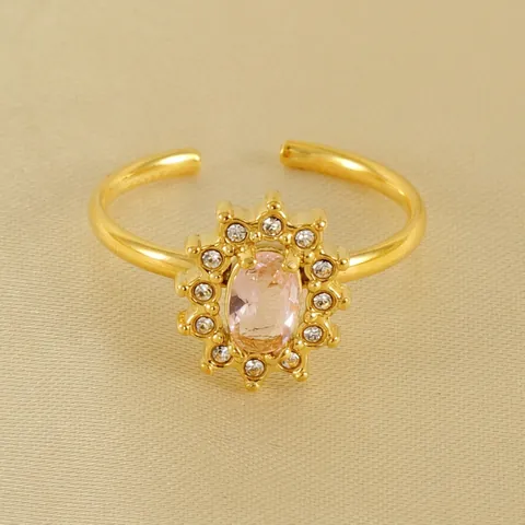 Anello Regolabile Acciaio Inossidabile Placcato Oro 18K Girasole Zircone Gemma Ovale Gioielli Vintage Eleganti Donna