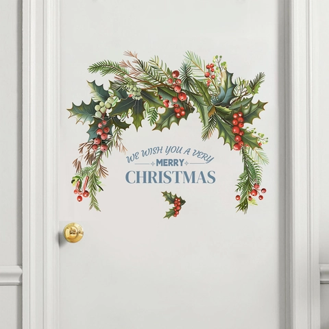 Pegatina De Pared Corona De Navidad PVC Autoadhesivo Cita Feliz Navidad Calcomanía Festiva Para Sala De Estar Decoración