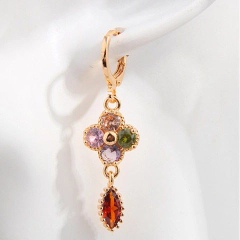 Orecchini a Goccia con Trifoglio in Strass Multicolore per Donna Orecchini Pendenti con Motivo Floreale in Rame Placcato Oro