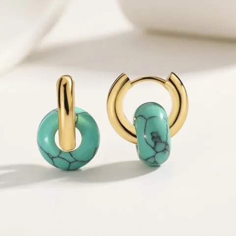 Pendientes De Aro Retro Cobre Chapado En Oro 18K Colgante Redondo Turquesa Sintética Joyería Geométrica Mujer