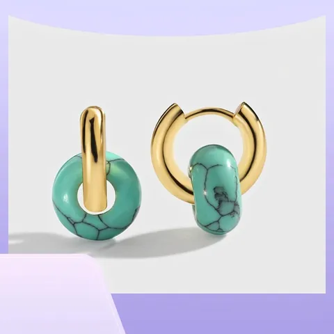 Boucles D'oreilles Créoles Rétro Cuivre Plaqué Or 18K Pendentif Rond Turquoise Synthétique Bijoux Géométriques Femmes