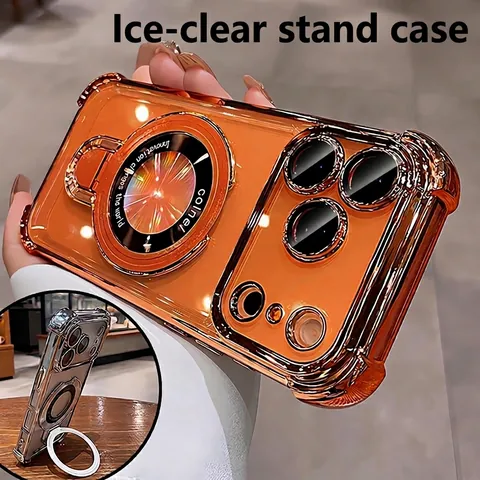 Magnetic Phone Case TPU Electroplated Transparent Shockproof With Integrated Kickstand And Lens Protection