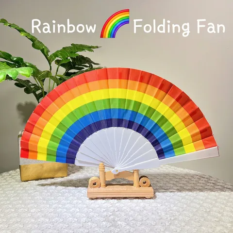 Rainbow Folding Fan Plastic Ribs Cloth Hand Fan For Dance Wedding Party Photography Props Colorful Portable Decorative Accessory