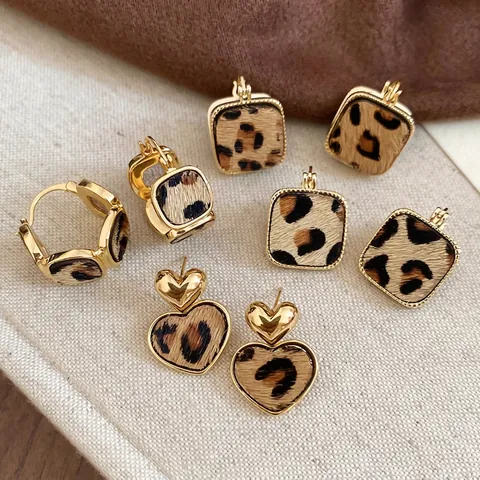 Vintage Square Heart Leopard Print Earrings 18K Gold Plated Copper Imitation Horsehair Silver Earring Post For Women