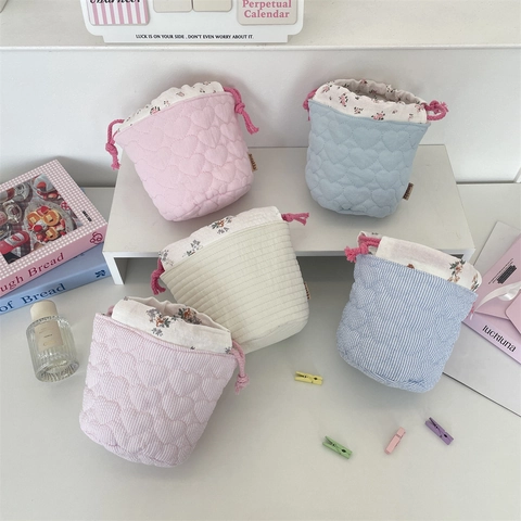 Quilted Heart Pattern Drawstring Storage Bag Floral Lining Mini Bucket Makeup Pouch Desktop Jewelry Organizer For Women