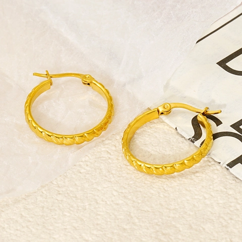 18K Gold Plated Stainless Steel Hoop Earrings For Women Twisted Rope Texture Geometric Round Simple Vintage Style Jewelry