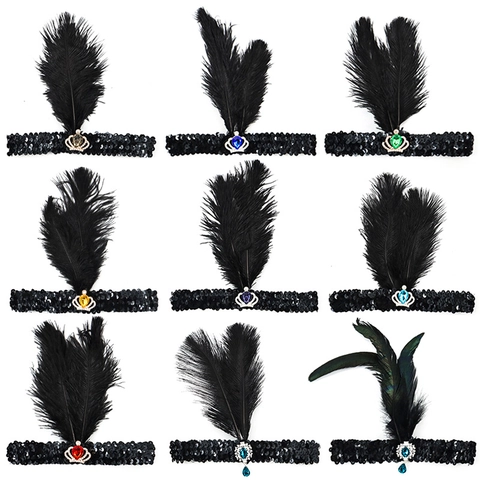 1920s Gatsby Feather Headband Sequin Rhinestone Headpiece Vintage Flapper Costume Accessory For Halloween Party
