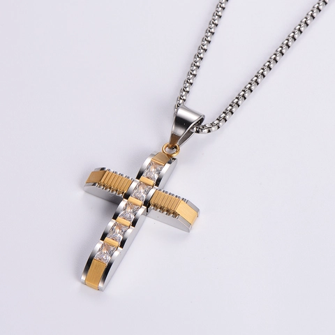 Herren Hip Hop Kreuz Anhänger Halskette 316L Edelstahl Mit Eckigem Zirkonia Inlay Polierter Streetwear Schmuck