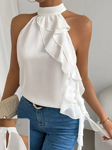 Dames Halter Mouwloze Blouse Polyester Spandex Ruches Rugloos Opstaande Kraag Elegant Zomer Top