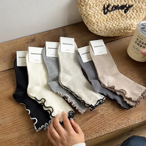 Women Mid-Calf Cotton Socks Ribbed Ruffle Edge Lettuce Trim Japanese Style Solid Color Breathable Soft