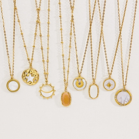 Collier Pendentif Céleste En Acier Inoxydable Nacre Zircon Plaqué Or Bijoux Bohème Cadeau Pour Femmes