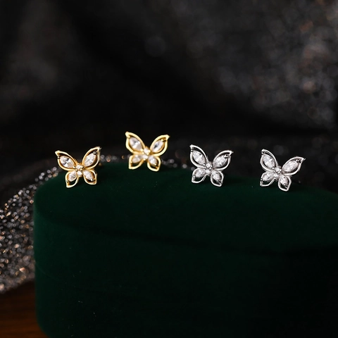 Pendientes de Botón de Mariposa de Plata de Ley S999 Elegantes para Mujer Con Circonia Incrustada Oro Plata Mariposa Pendientes de Animales Joyería Regalo