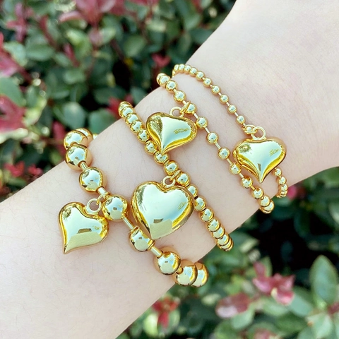 Minimalist Heart Pendant Beaded Bracelet 18K Gold Plated Copper Adjustable Fashion Jewelry For Women
