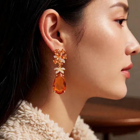 Vintage Teardrop Pendant Earrings Amber Zircon Flower Cluster Copper With Silver Earring Post Elegant Retro Jewelry For Women