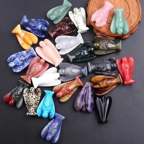 Hand Carved Natural Gemstone Crystal Angel Figurine Healing Stone Pocket Statue Home Desktop Decor
