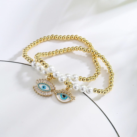 Bracciale Con Perline Malocchio Rame Placcato Oro Imitazione Perla Artificial Zircone Smalto Stile Ins Gioielli Da Donna