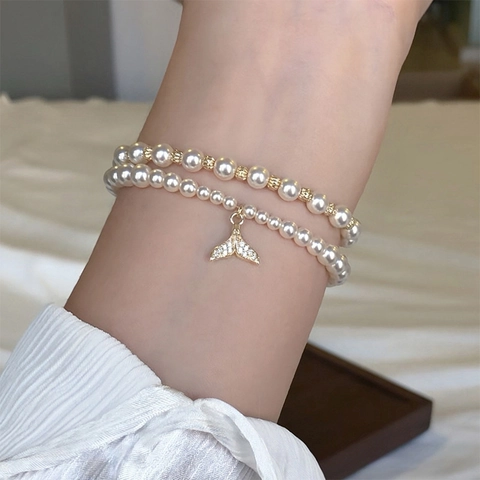 Layered Artificial Pearl Bracelet With Gold Fishtail Pendant Zircon Inlaid Alloy Elegant Jewelry For Women