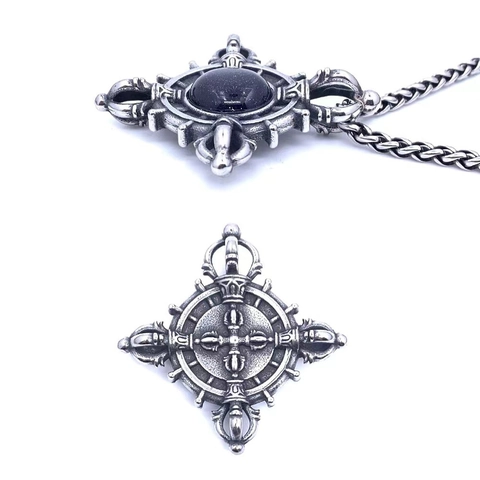 Vintage Stainless Steel Vajra Cross Pendant Necklace For Men Blue Sandstone Inlaid Buddhist Punk Retro Religious Jewelry