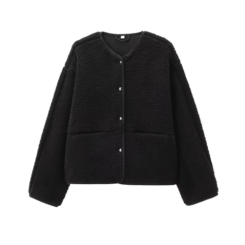 Women Crew Neck Fleece Jacket Single Breasted Warm Teddy Coat Long Sleeve Sherpa Outerwear With Pockets