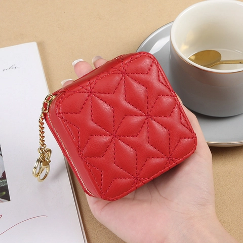 Mini Astuccio per Rossetto in Pelle di Vacchetta Trapuntata a Stella Con Specchio Portamonete Portatile Gancio in Metallo Borsa Cosmetica Donna