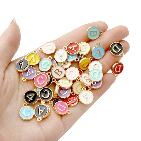 Round Enamel Alphabet Letter Charms Alloy Metal Gold Plated Double Sided Colorful Pendants For DIY Jewelry Making