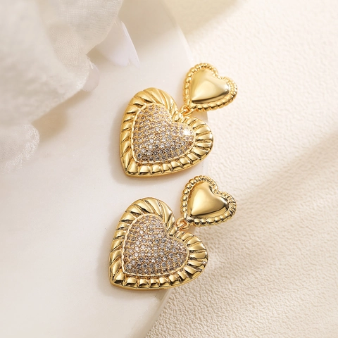 Cubic Zirconia Heart Drop Earrings Copper Gold Plated Double Love Dainty Fashion Jewelry Women Gift