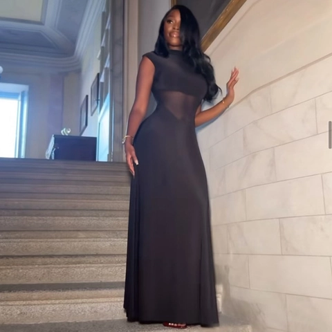 Women Sleeveless High Neck Mesh Patchwork Maxi Dress Polyester Spandex Slim Fit Bodycon Sexy Elegant Party Long Gown