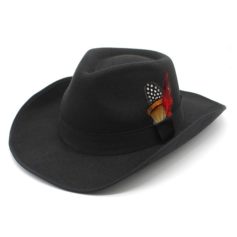Wool Felt Fedora Hat Western Cowboy Wide Brim Vintage Style With Feather Decoration Ribbon Band Outdoor Unisex
