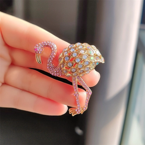 Flamingo Brooch Alloy Pink Rhinestone Iridescent Stone Elegant Animal Shape Pin Fashion Jewelry For Women Gold Plated