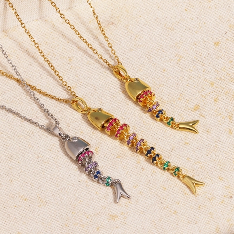 Minimalist Fishbone Pendant Necklace Stainless Steel Multi Color Cubic Zirconia Fashion Jewelry Women Trendy