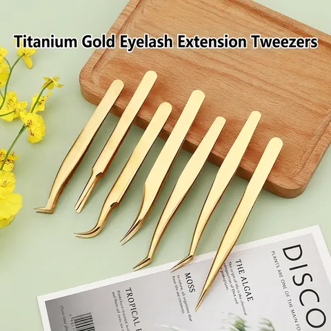 Professional Eyelash Extension Tweezers High Precision Stainless Steel Grafting Blooming Makeup Beauty Tools Gold Coating