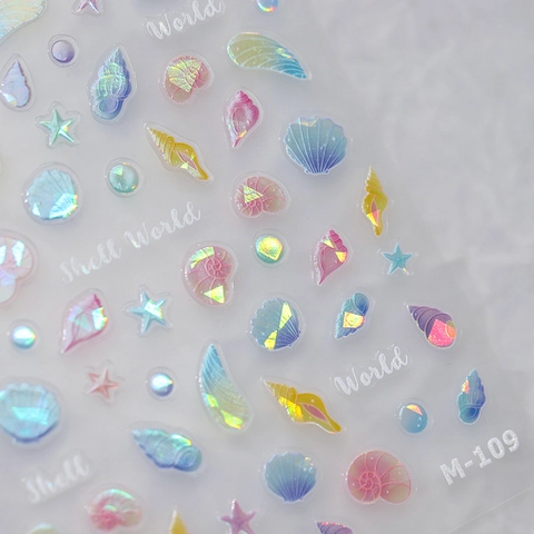 Dimensional Relief Nail Art Stickers Ocean Shell Starfish Theme Holographic Laser Adhesive Decals DIY Manicure For Women