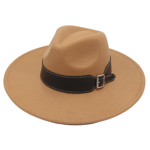 Wide Brim Fedora Hat Vintage Wool Felt Jazz Cap With Black Leather Belt Silver Buckle Retro Style Unisex Headwear