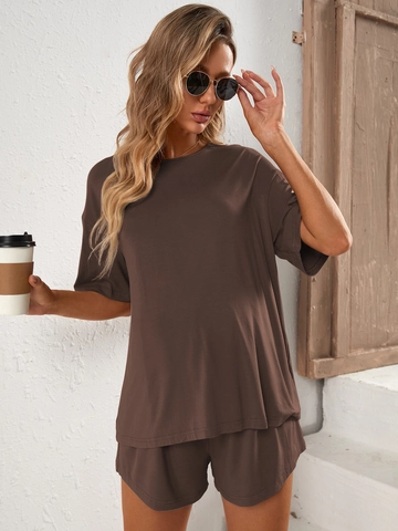 Ropa De Descanso Para Mujer Viscosa Elastano Camiseta De Manga Corta Y Pantalones Cortos Color Liso Casual