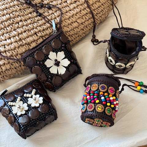 Boheemse Kokosnootschil Mini Crossbodytas Handgemaakte Etnische Houten Kralen Ketting Tasje Voor Oortelefoons Lippenstift