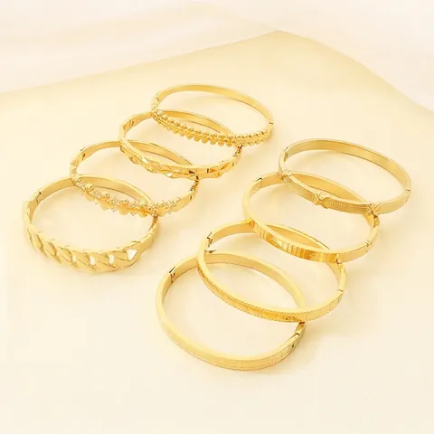 Bracelet Jonc Acier Inoxydable Plaqué Or Géométrique Texturé Fermeture À Charnière Style Vintage Accessoires Bijoux Femme