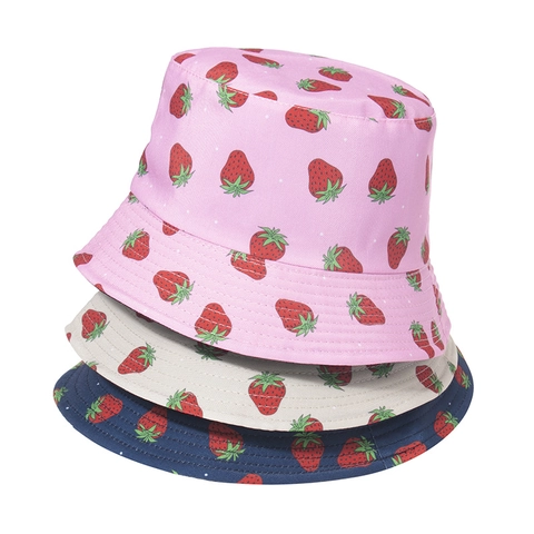 Strawberry Embroidery Bucket Hat Polyester Double Sided Wearable Foldable Sun Protection Summer Basin Cap Women Men