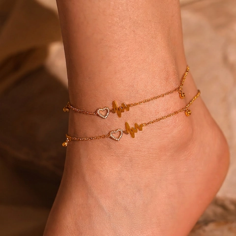 Stainless Steel Heartbeat EKG Heart Anklet For Women Gold Color Minimalist Fashion Zircon Inlay Jewelry Accessory