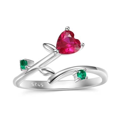Anello Cuore Rosa Argento Sterling 925 Con Zircone Cuore Rosso E Zircone Foglia Verde Vite Elegante Floreale Romantico