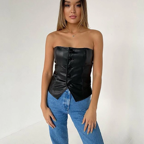Women Sexy PU Leather Tube Top Single Breasted Sleeveless Backless Slim Fit V-Hem Black Faux Leather Crop Top Party Clubwear Streetwear Top
