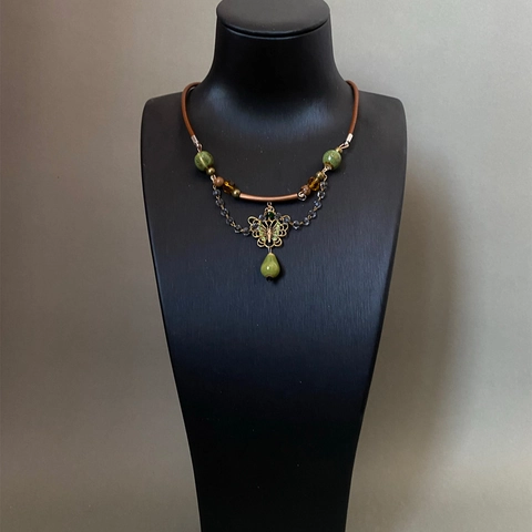 Collar Con Colgante De Mariposa Vintage Con Cuerda De Cuero Cuentas De Cerámica Verde Diamantes Bijoux Boho Para Mujer