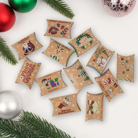 Christmas Pillow Candy Boxes Kraft Paper Gift Packaging For Holiday Party Treats Favors Festive Designs Decorative