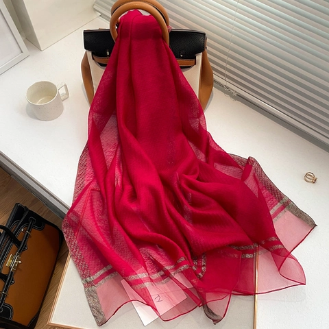 Satin Wool Blend Long Scarf Shawl Thin Lightweight Solid Color Gold Silver Threads Elegant Sun Protection Fashion For Women