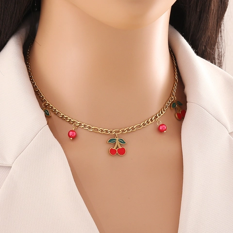 Collana Con Ciondolo Ciliegia Acciaio Inossidabile A Strati Gioielli Carino Frutta Design Fiocco Con Scritta Per Donne Ragazze