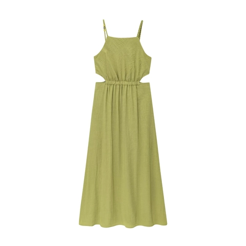 Dames Zomer Vakantie Cut Out Cami Jurk Linnen Look Gevlochten Kralen Bandjes Vierkante Hals Rugloos Ruched Hoge Taille Gras Groen Maxi Jurk